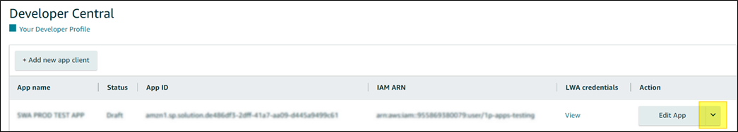 Amazon Developer Central uygulama listesinde LWA credentials View alanı